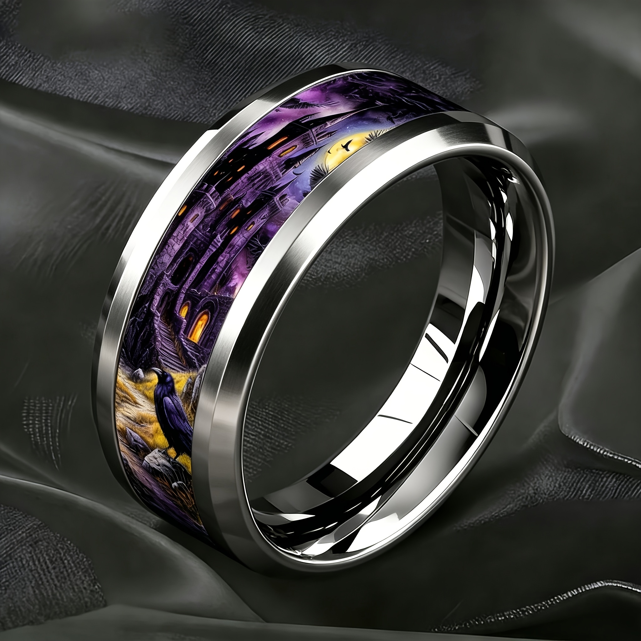 Gothic Castle Crow Moon Night Stainless Steel Ring